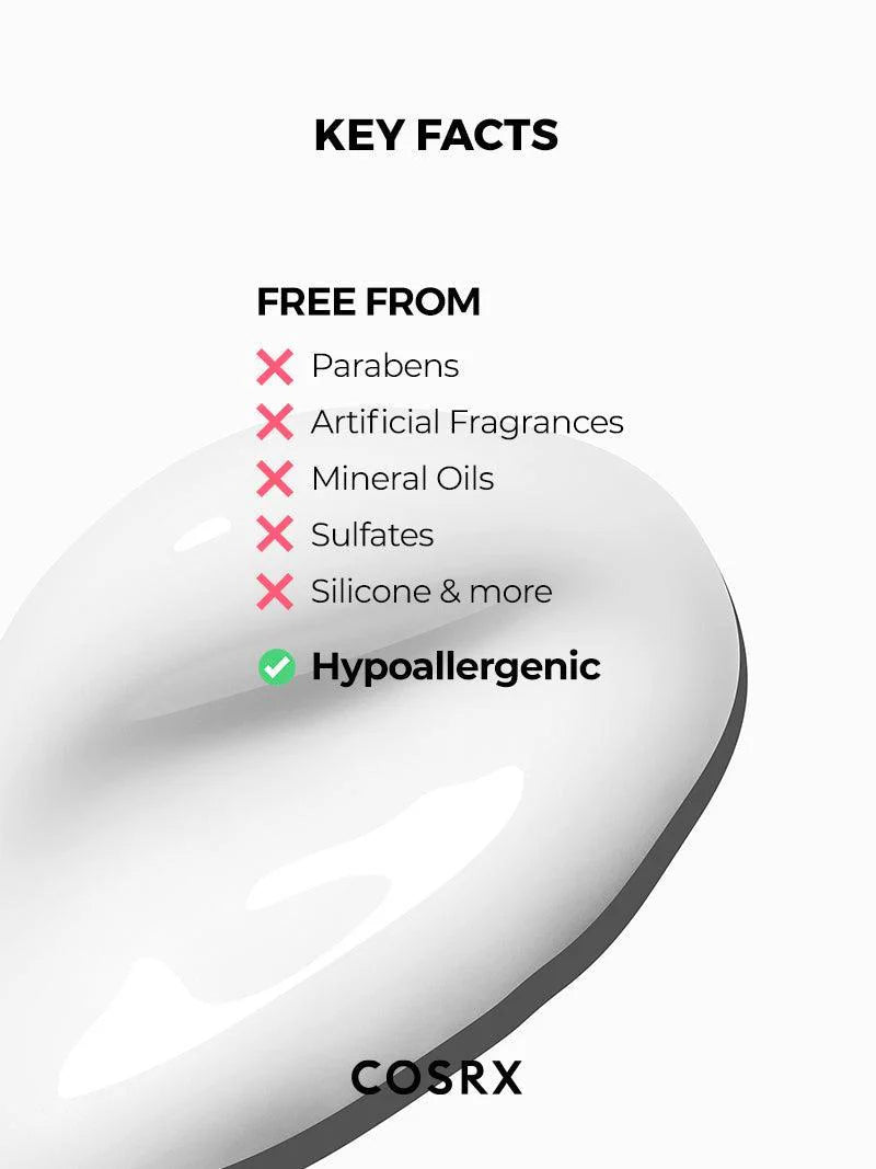 COSRX product with key facts about being free from parabens, artificial fragrances, mineral oils, sulfates, and silicone, and hypoallergenic.