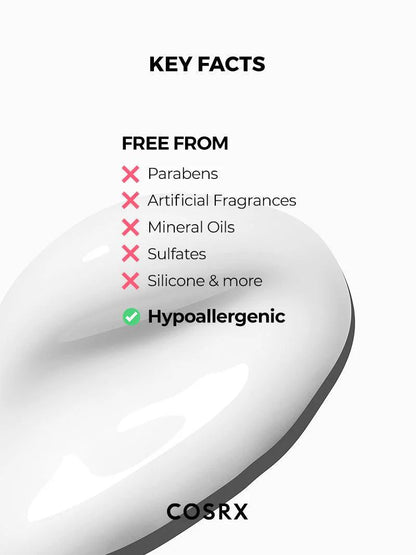 COSRX product with key facts about being free from parabens, artificial fragrances, mineral oils, sulfates, and silicone, and hypoallergenic.